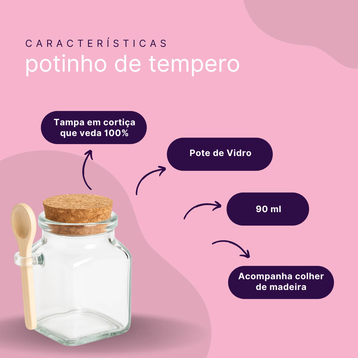 Kit 6 Potes Vidro Tampa Cortiça e Colher Madeira 90ml