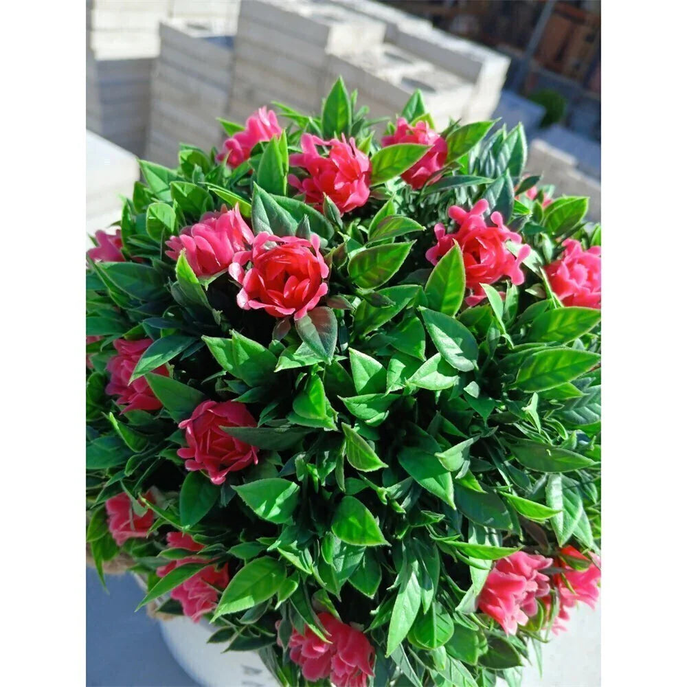 Buxinho Artificial Redondo com Rosas Pink 28cm Anti-UV Realista