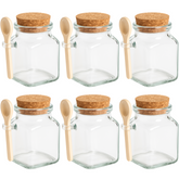 Kit 6 Potes Vidro Tampa Cortiça e Colher Madeira 90ml