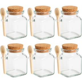 Kit 6 Potes Vidro Tampa Cortiça e Colher Madeira 90ml